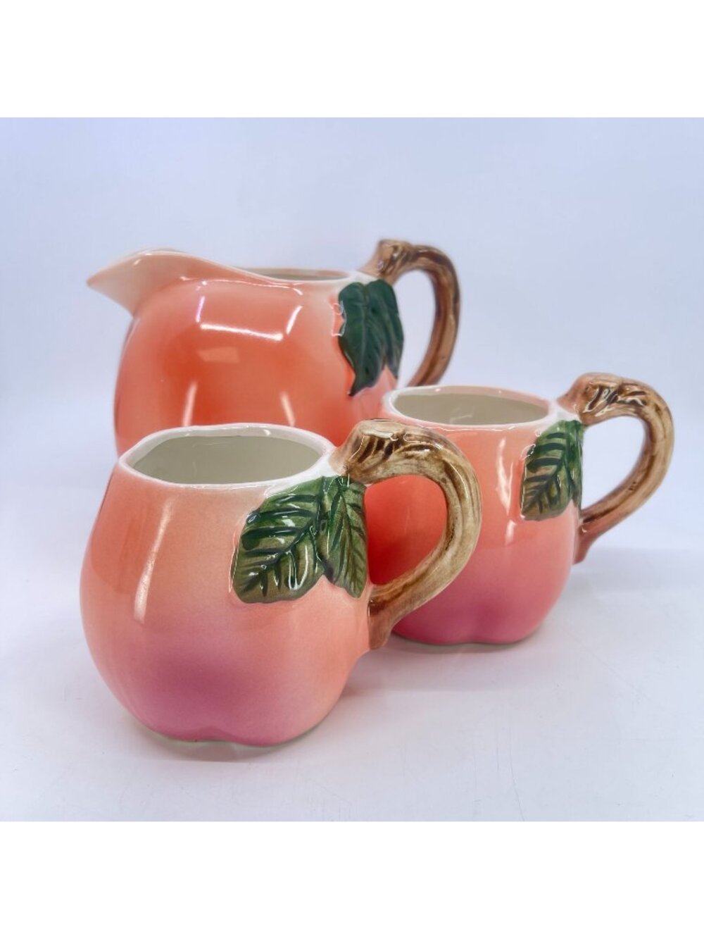 vintage peach shaped ceramic jugand 2 mug set leaf detailing rustic farmhouse